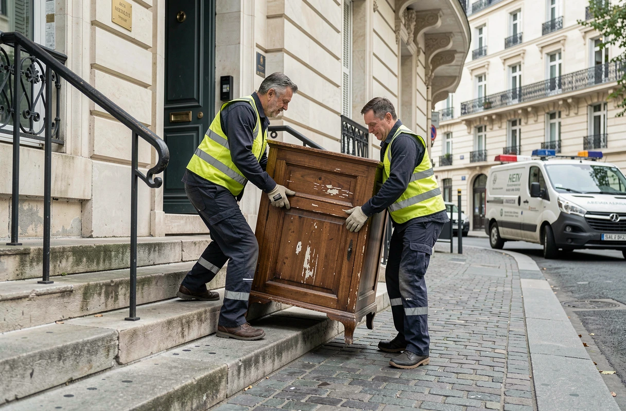 Agents de collecte transportant une armoire encombrante hors d'un immeuble parisien