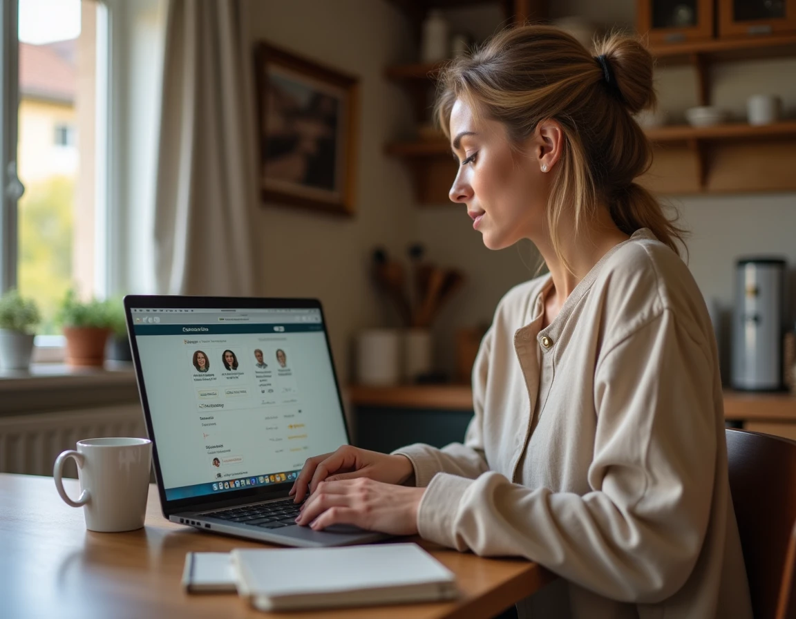 Femme comparant des artisans strasbourgeois sur une plateforme en ligne depuis son domicile alsacien