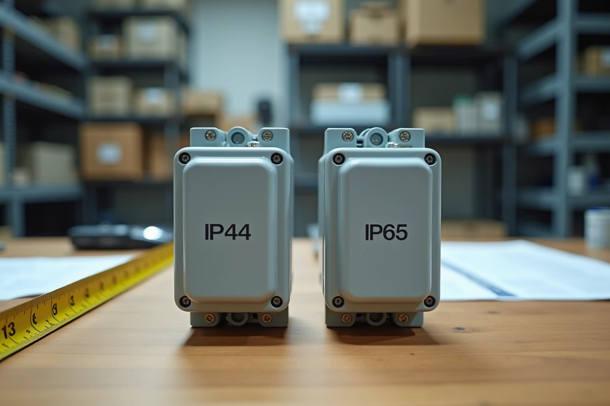 Comparaison de deux boîtiers électriques IP44 et IP65 posés sur un établi d'atelier