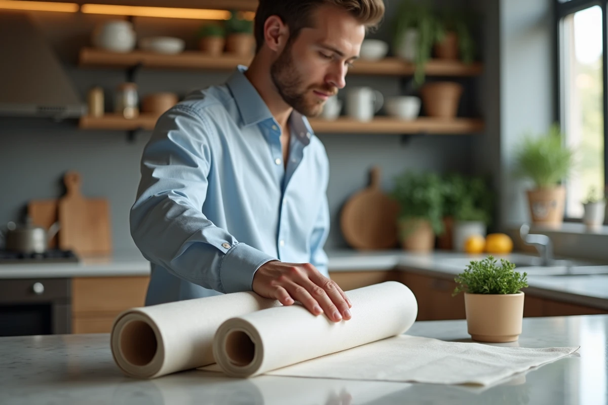 Jeune homme comparant deux rouleaux de couvre-table dans la cuisine