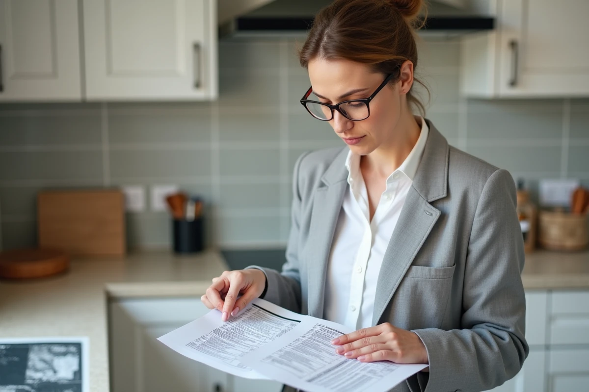 Une femme comparant deux devis de travaux dans une cuisine en cours de rénovation en Belgique