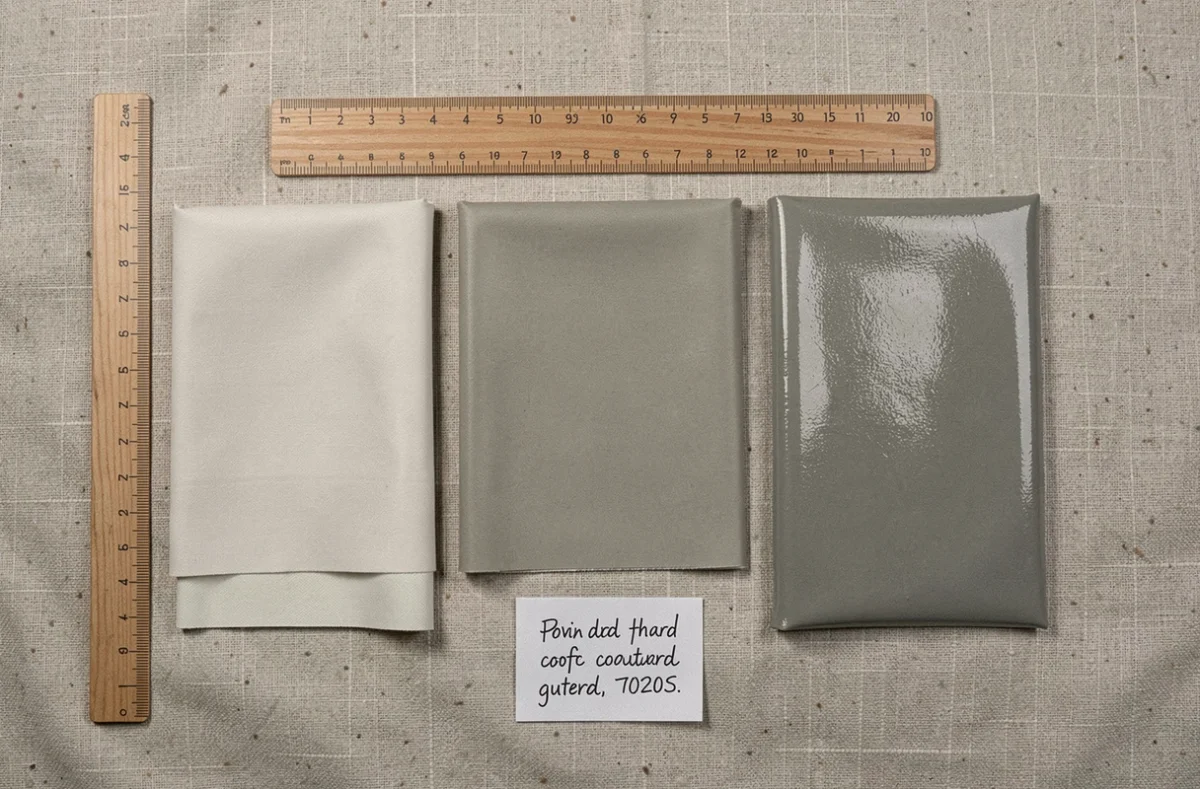 Comparaison de trois épaisseurs de tissu coton enduit en vue à plat sur fond naturel avec règle en bois