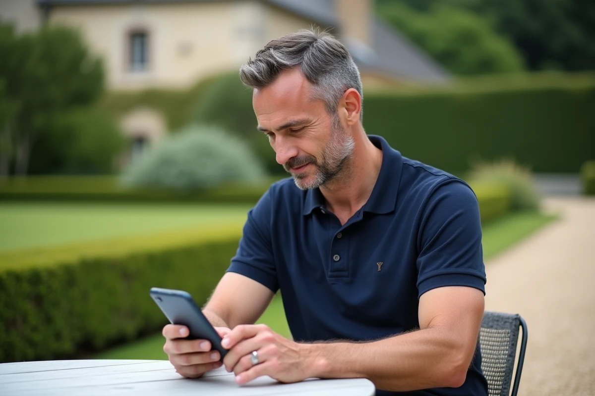 Homme comparant les tarifs du Bois d'Ormes sur smartphone depuis une terrasse de jardin à la française