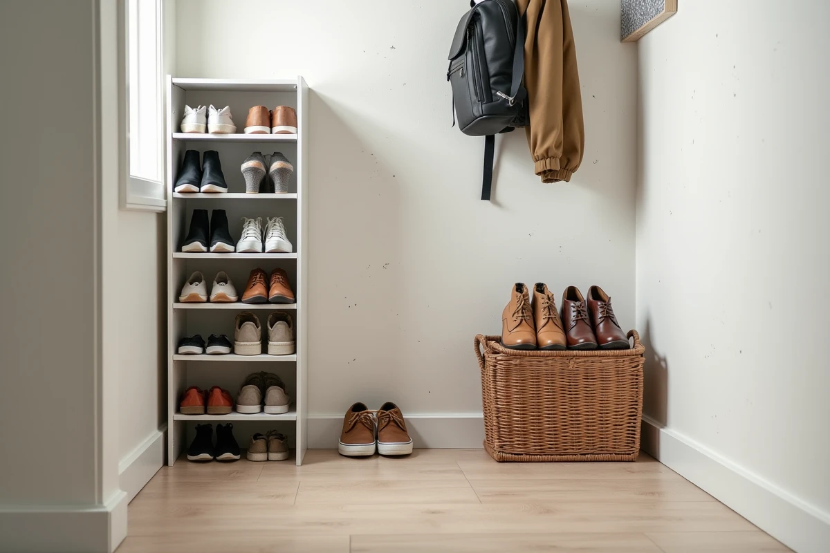 Meuble à chaussures Nano saturé avec panier débordement à côté dans une entrée de maison familiale animée