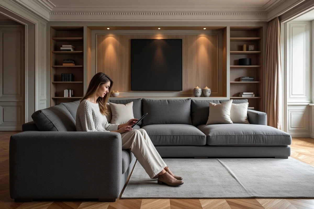 Femme configurant un canapé d'angle sur mesure sur tablette dans un salon haussmannien moderne