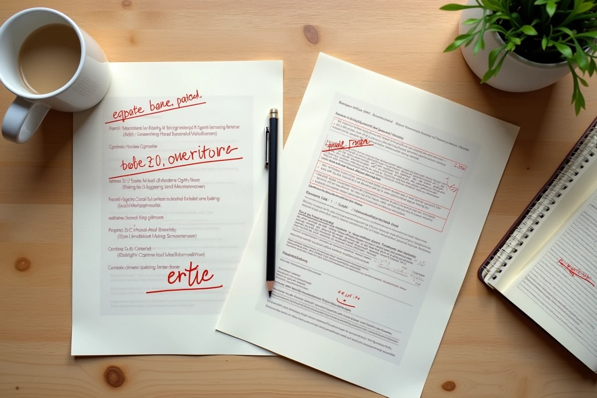 Épreuves imprimées avec annotations de corrections des erreurs graphiques de design pop sur bureau en bois