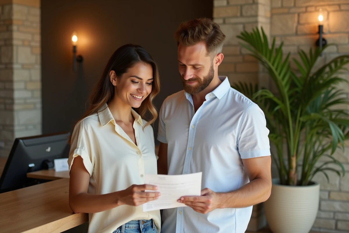 Couple vérifiant leur réservation à l'accueil d'un hôtel de campagne style Bois d'Ormes