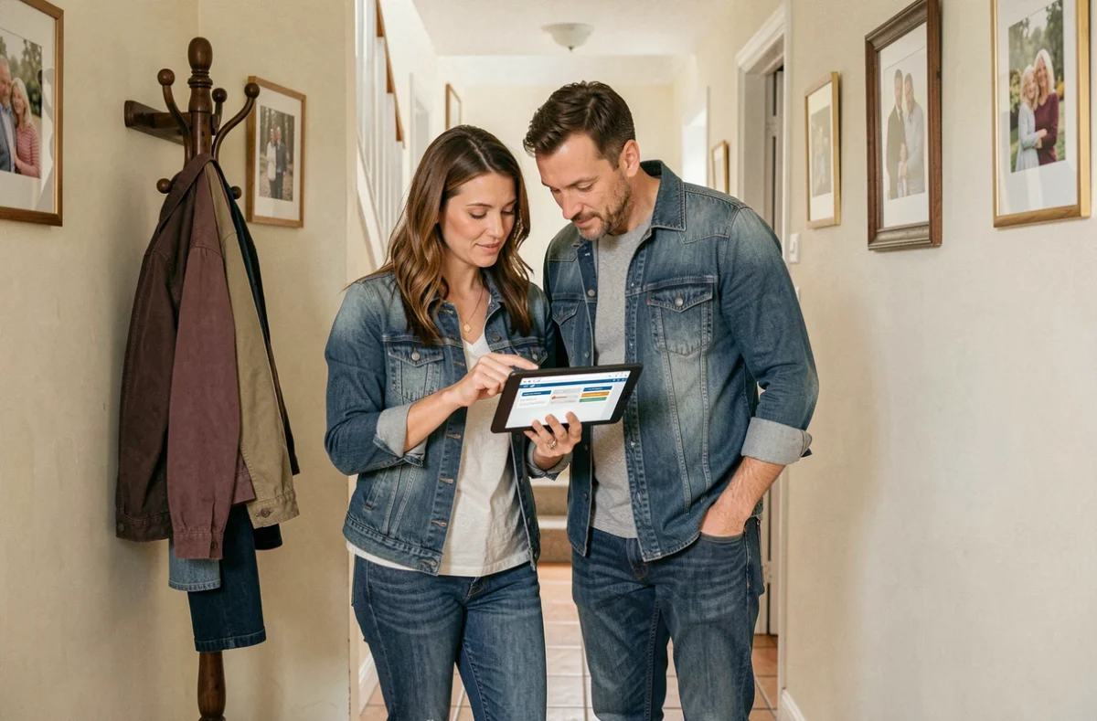 Couple comparant des offres d'assurance habitation GMF sur une tablette dans le couloir de leur maison
