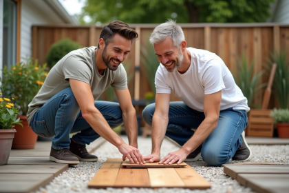 Couple compare des échantillons de terrasse en bois et composite