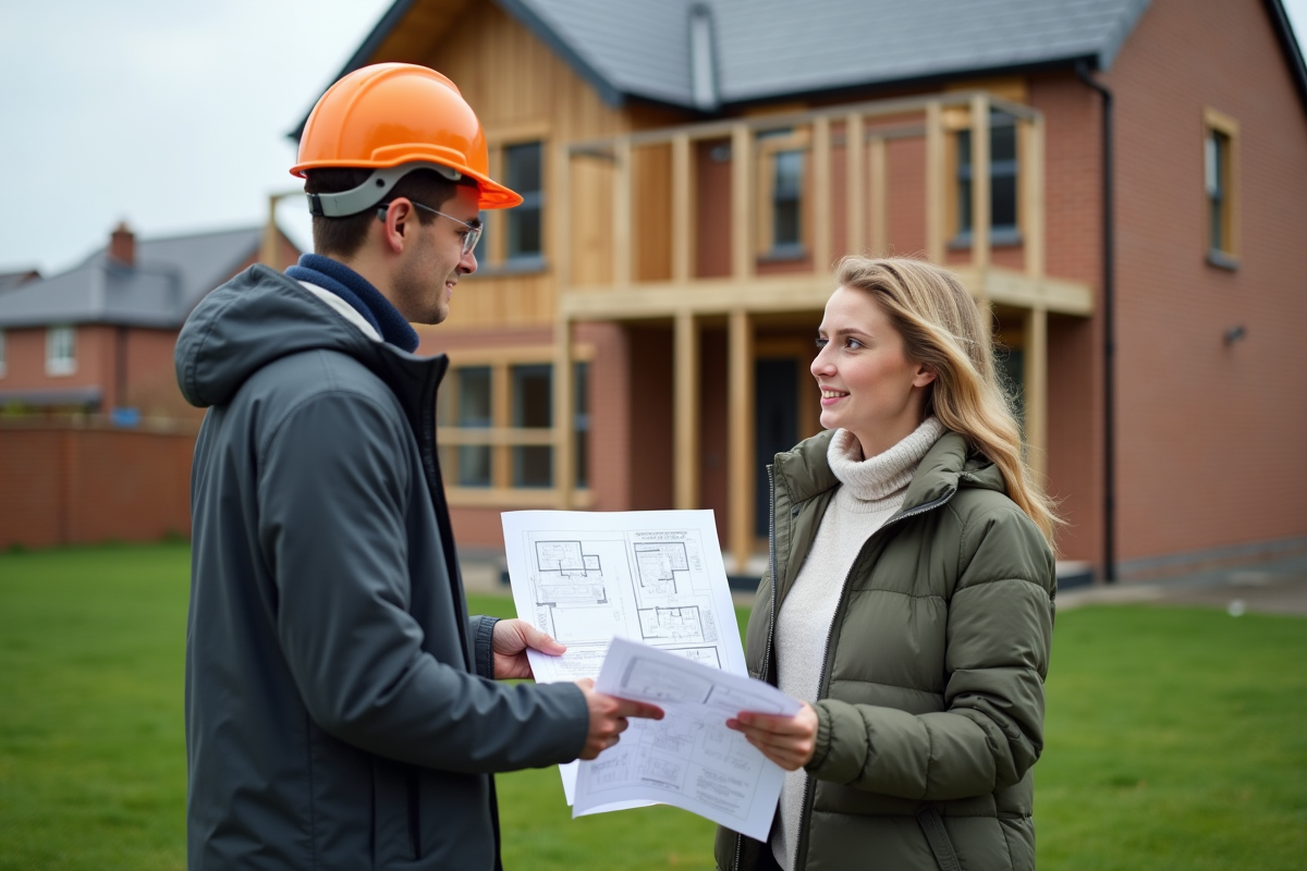 Jeune couple discutant des plans de construction devant une maison
