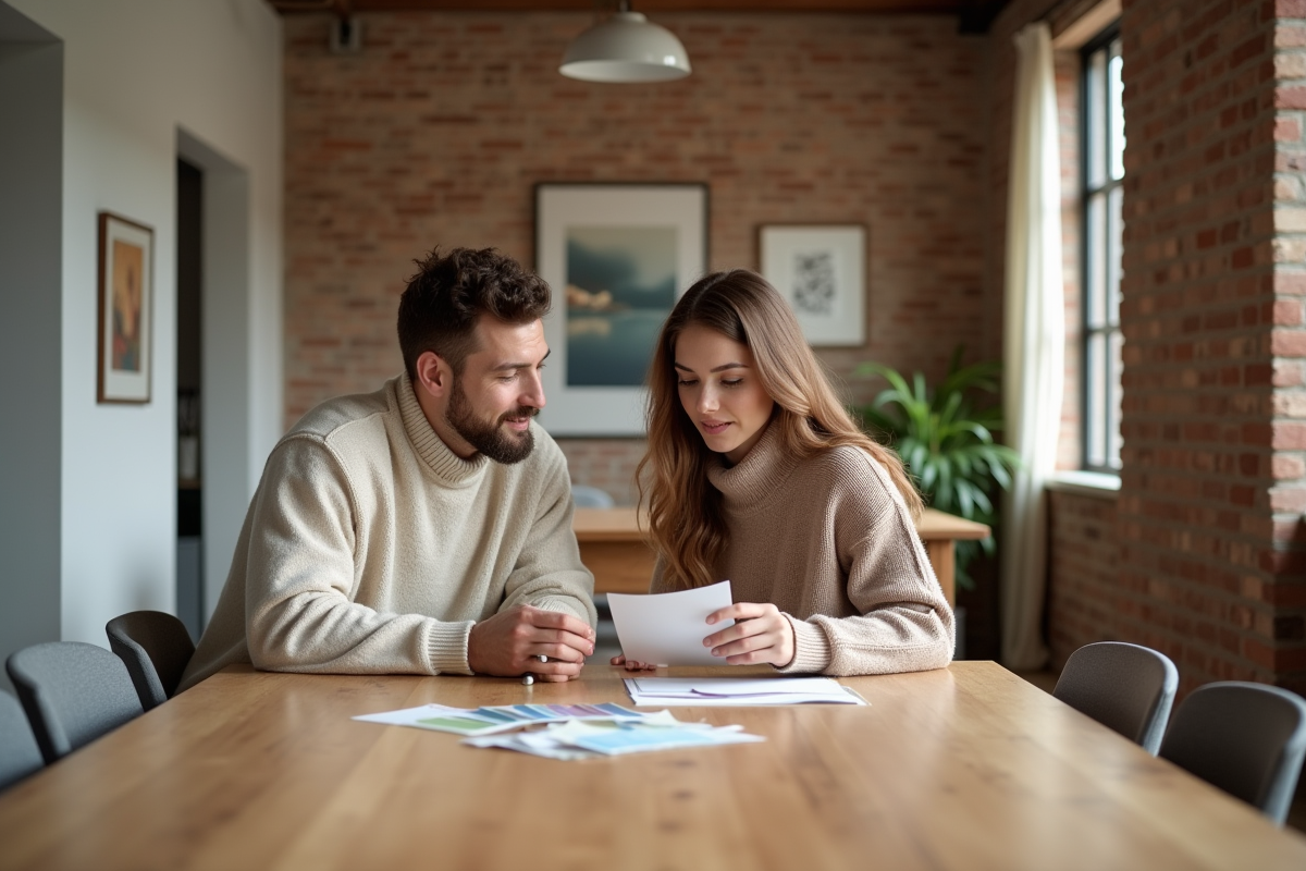 Jeune couple discutant d’échantillons de peinture dans un loft rénové