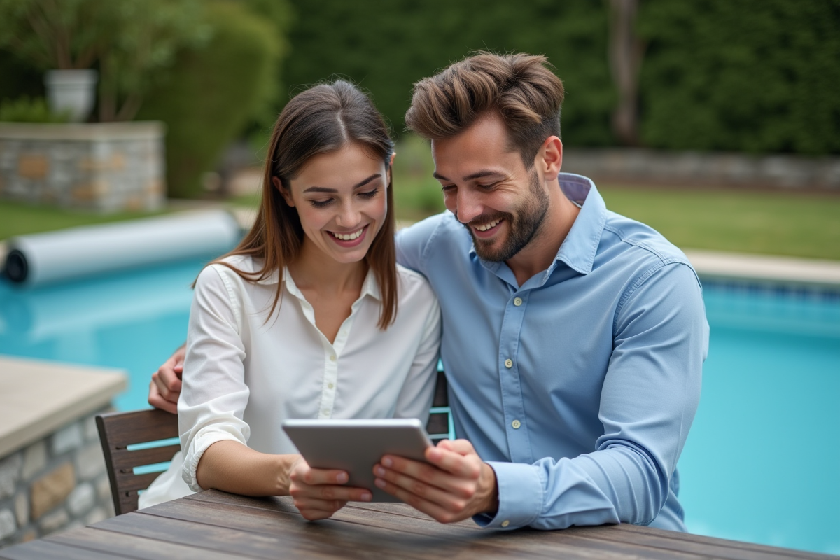 Jeune couple discutant des devis pour la couverture de piscine
