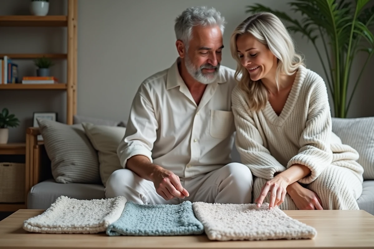 Couple compare différents tapis de bain dans un salon chaleureux