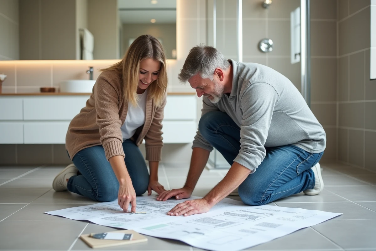 Couple discutant de plans de rénovation dans une salle de bain moderne