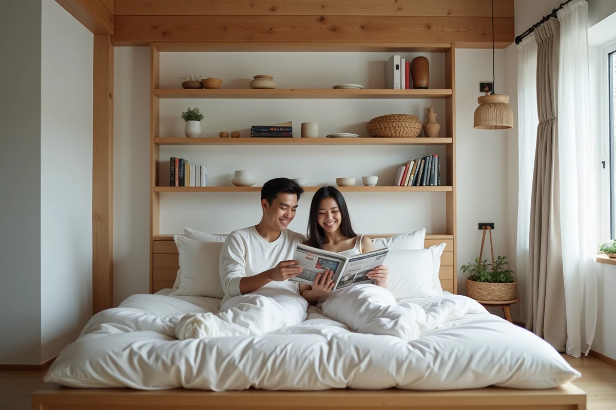 Jeune couple détendu sur un futon en bois dans un appartement moderne