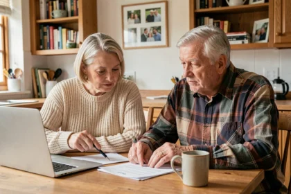 Couple de retraités consultant des documents administratifs sur la retraite et les pensions de réversion à domicile