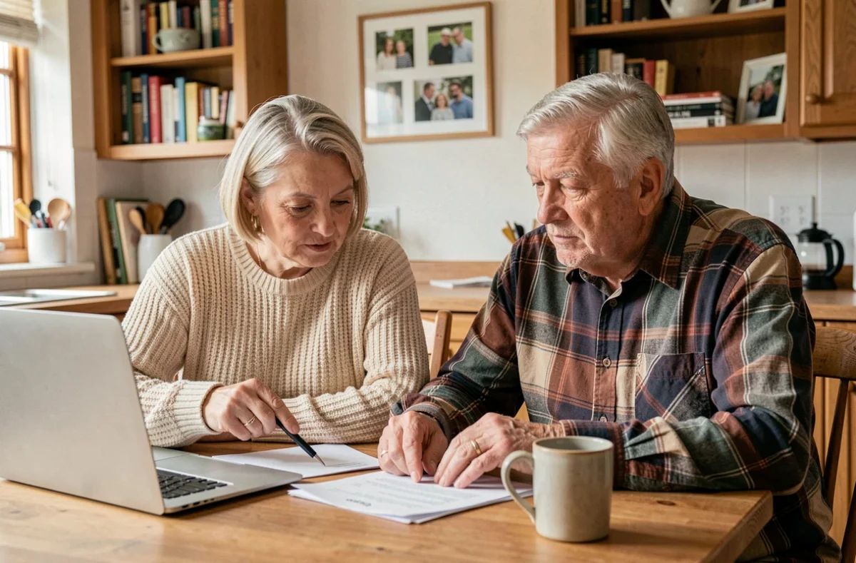 Couple de retraités consultant des documents administratifs sur la retraite et les pensions de réversion à domicile