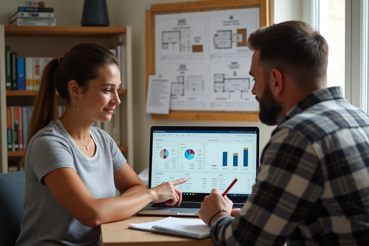 Couple planifiant et suivant le budget de leur projet de rénovation sur un ordinateur portable avec tableaux de bord financiers et plans affichés au mur