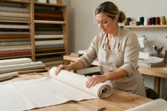 Couturière examinant un tissu coton enduit sur une table de travail en bois dans un atelier de couture