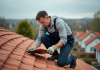 Coût moyen pour refaire une toiture : devis, matériaux, tarif Couvreur middleaged examine tuiles en terre cuite sur toit