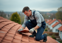Couvreur middleaged examine tuiles en terre cuite sur toit