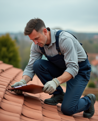 Couvreur middleaged examine tuiles en terre cuite sur toit