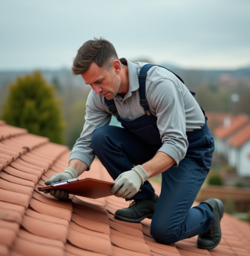 Couvreur middleaged examine tuiles en terre cuite sur toit