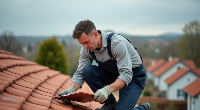 Couvreur middleaged examine tuiles en terre cuite sur toit