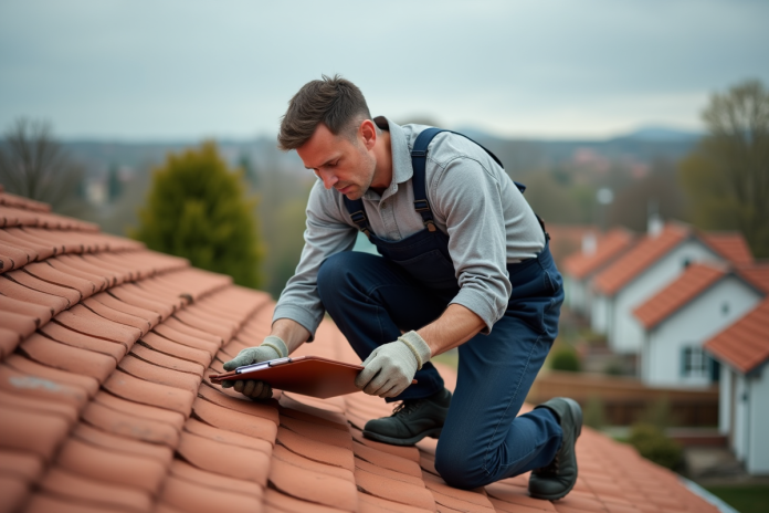 Couvreur middleaged examine tuiles en terre cuite sur toit