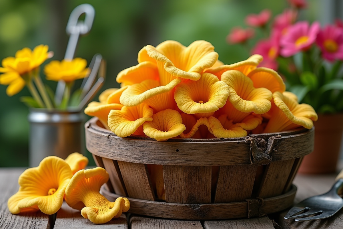 Chanterelles fraîches dans un panier en bois sur une table de jardin