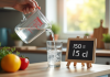 Verre d'eau de 150 ml sur un plan de cuisine avec tableau de conversion
