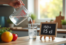 Verre d'eau de 150 ml sur un plan de cuisine avec tableau de conversion