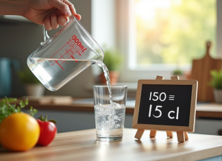 Verre d'eau de 150 ml sur un plan de cuisine avec tableau de conversion