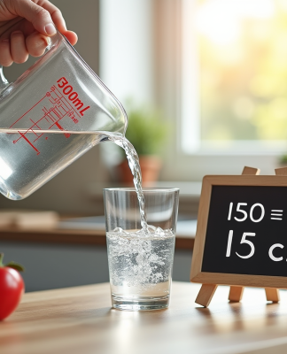 Verre d'eau de 150 ml sur un plan de cuisine avec tableau de conversion