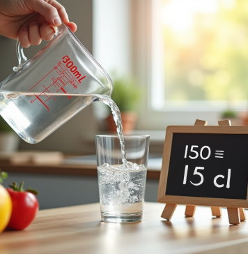 Verre d'eau de 150 ml sur un plan de cuisine avec tableau de conversion