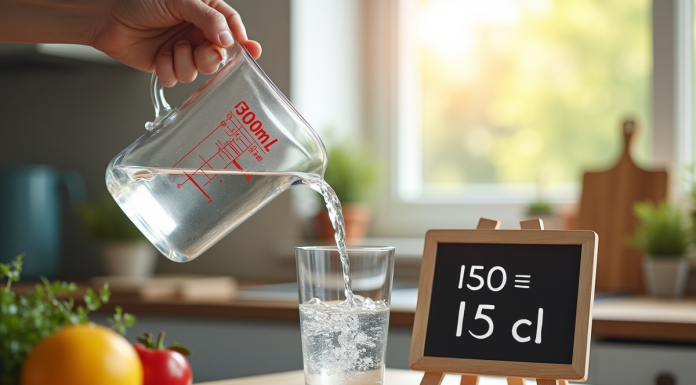 Verre d'eau de 150 ml sur un plan de cuisine avec tableau de conversion