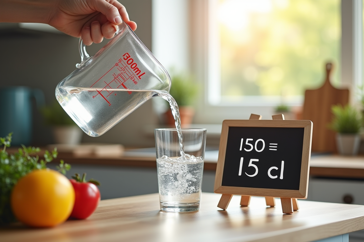 Verre d'eau de 150 ml sur un plan de cuisine avec tableau de conversion