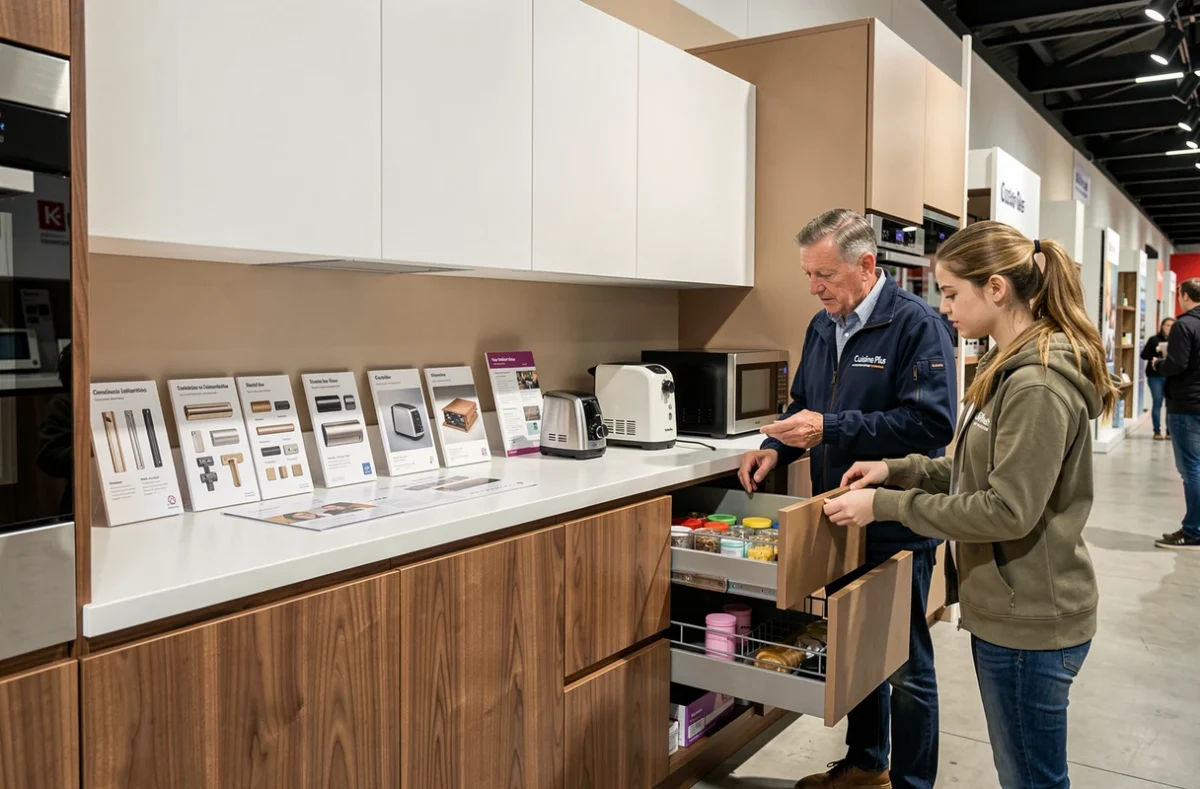 Cuisine en noyer et blanc mat avec tiroirs organiseurs démontrée dans le showroom Cuisine Plus à Nîmes
