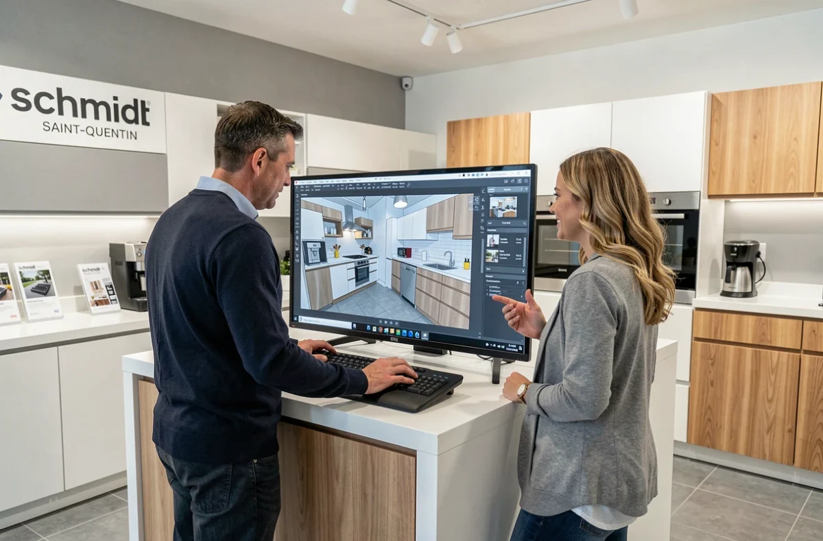 Spécialiste de Cuisines Schmidt Saint-Quentin présentant une modélisation 3D de cuisine à un couple sur un terminal numérique