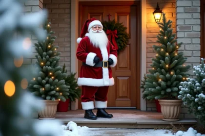 Décoration extérieure père Noël pas cher posée sur un porche de maison avec guirlande lumineuse et couronne de sapin
