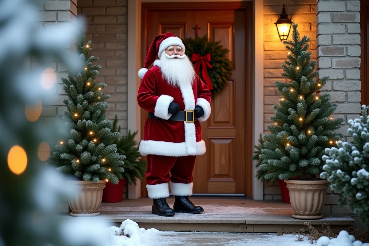 Décoration extérieure père Noël pas cher posée sur un porche de maison avec guirlande lumineuse et couronne de sapin
