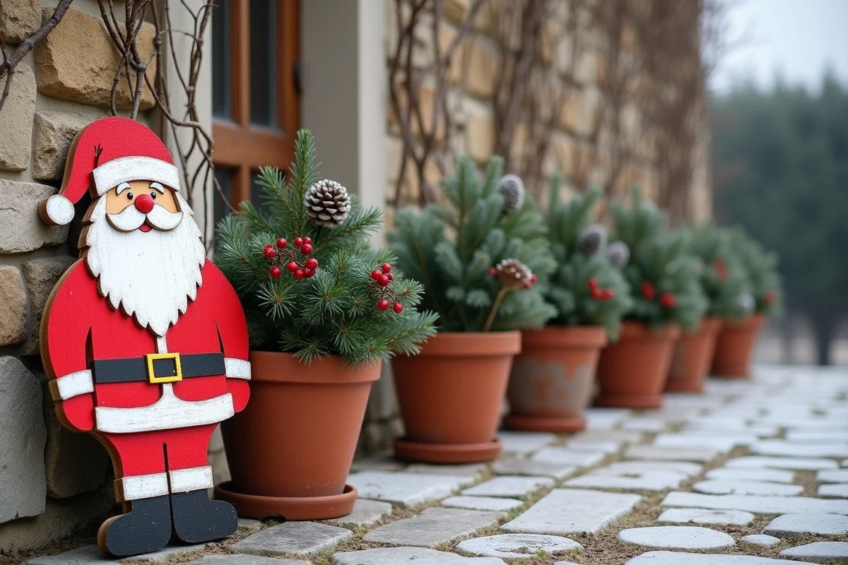 Décoration de Noël extérieure artisanale père Noël en bois peint dans un jardin provençal avec pots de sapin