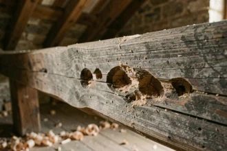 Détail de poutre en bois ancienne avec galeries et sciure causées par le capricorne des maisons dans une vieille ferme française