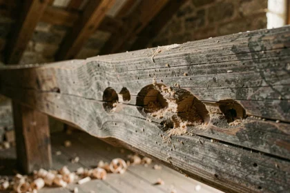 Détail de poutre en bois ancienne avec galeries et sciure causées par le capricorne des maisons dans une vieille ferme française