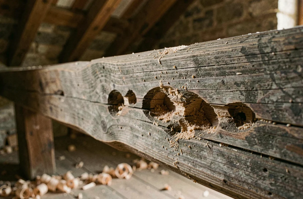 Détail de poutre en bois ancienne avec galeries et sciure causées par le capricorne des maisons dans une vieille ferme française