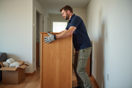 Homme déménageur portant une commode en appartement