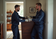 Deux déménageurs en uniformes transportent un piano droit dans un salon