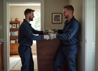 Pourboire déménageurs piano : faut-il en donner ? Conseils et étiquette Deux déménageurs en uniformes transportent un piano droit dans un salon