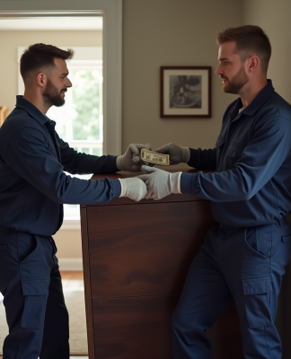 Deux déménageurs en uniformes transportent un piano droit dans un salon