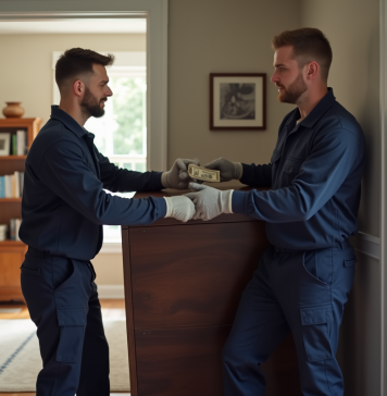 Pourboire déménageurs piano : faut-il en donner ? Conseils et étiquette Deux déménageurs en uniformes transportent un piano droit dans un salon